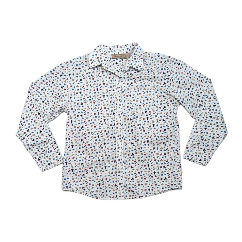 Vintage Western Printed Button Down Shirt White Collared Neckline Womens Medium